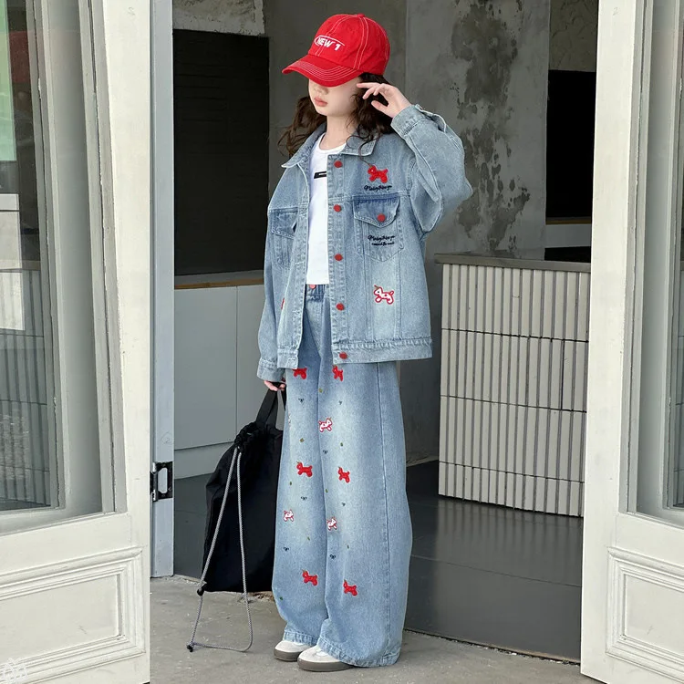 teenager Girls Embroidered Cowboy outfits 2026 Childrens Autumn clothes suit Korean Fashion Pony Cowboy Coat pants Two Piece Set