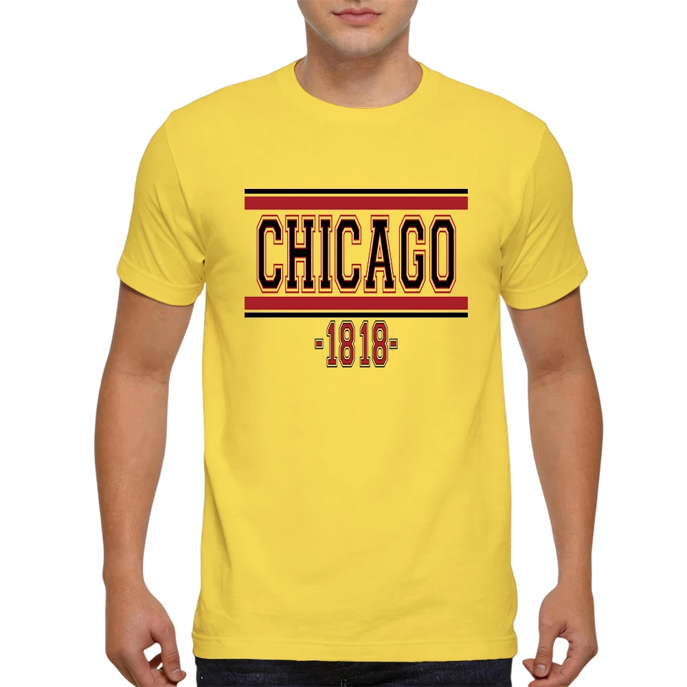 Mens 100% Cotton T Shirt Chicago 1818 Vintage Varsity Letter Red Black Stripe Print Breathable Short Sleeve Daily Wear