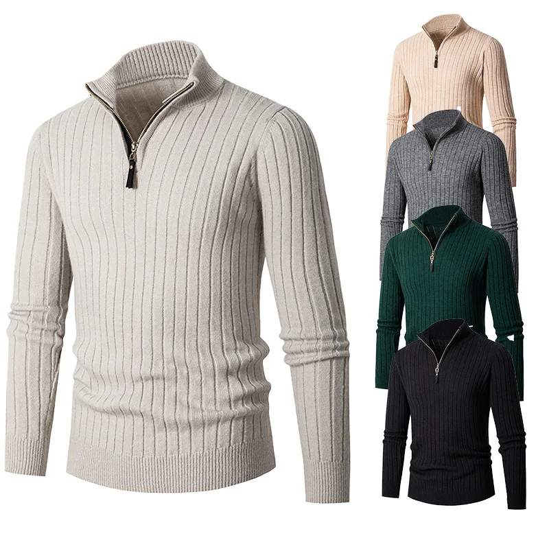 Pullover rajutan kasual pria, warna murni semi-kerah tinggi ritsleting dasar Pullover Turtleneck Pullover wol