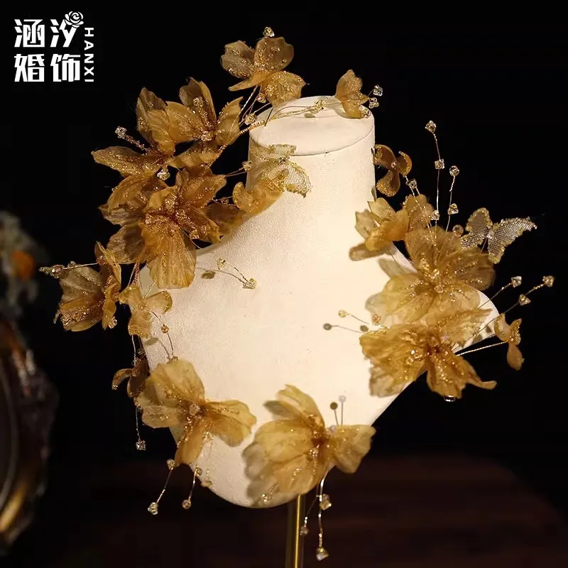 Hanxi's new high-end champagne gold silk yarn broken diamond crystal pair bridal disc hair styling headdress