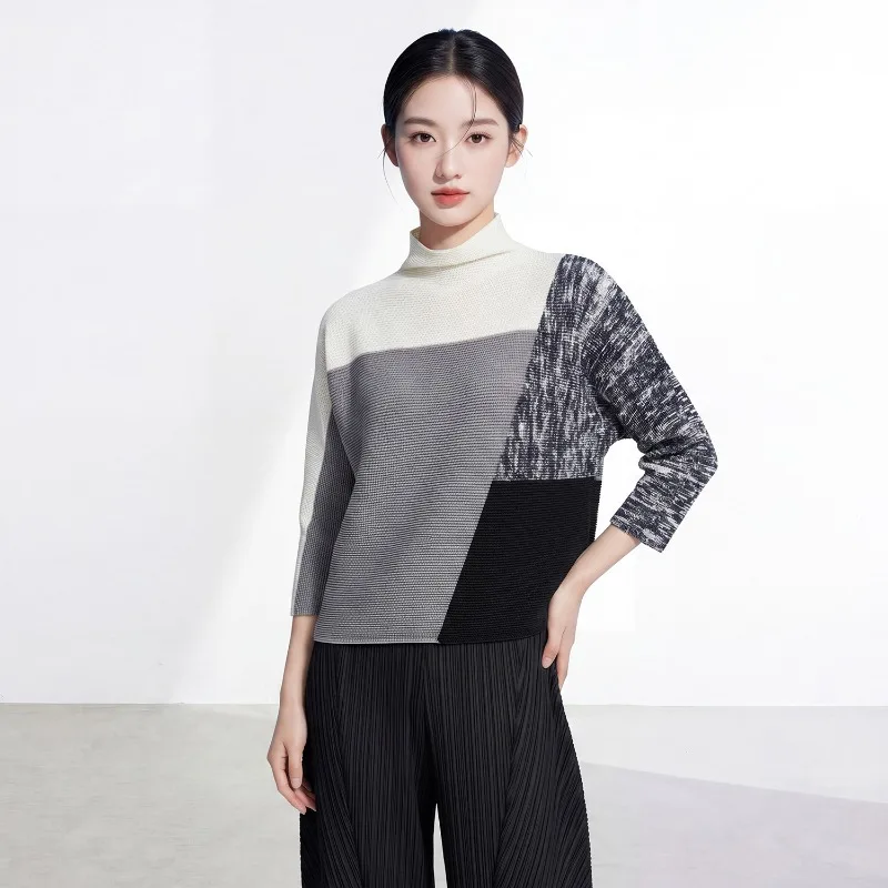 Miyake Pleated Summer 2026 New Women's Clothing Light Luxury Three-Quarter Sleeve Color-Block Loose Versatile T-Shirt Top Pleat