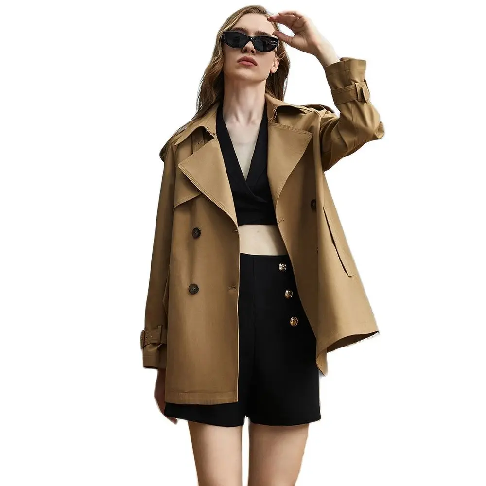 New Women Fashion Trench Coats With Belt Vintage Double Button Long Sleeve Ladies Short Khaki Windbreaker