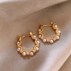 French Imitation Pearl Elegant Hoop Earrings For Women Trendy Cheap Earring Jewelry Party Accessories Gifts 2024 New