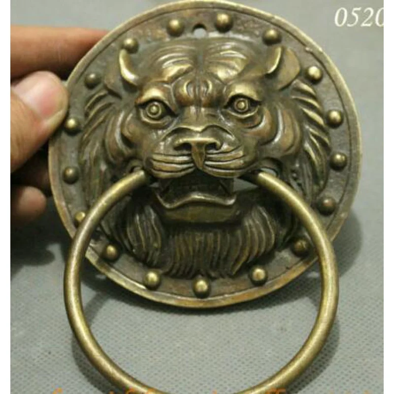 Folk Chinese BRASS Copper Recover Lion Head Mask Statue Door Door Knoer pair wholesale 2pcs Decoration copper real Brass