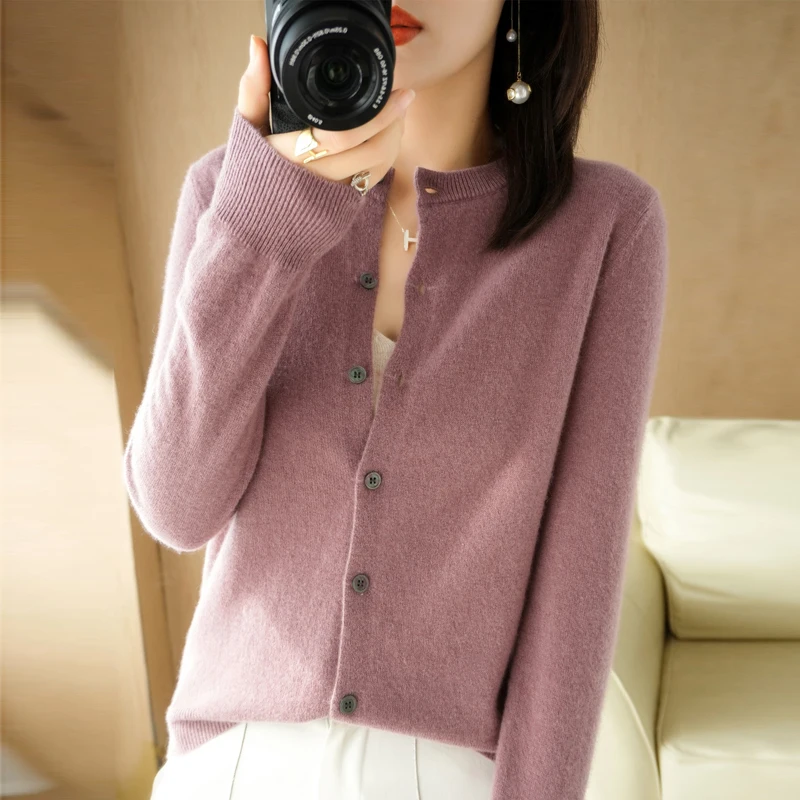 2022 Cashmere Cardigans Women\'s O-neck Single Breasted Lady Knitwear Tops Solid  Femme Cardigan