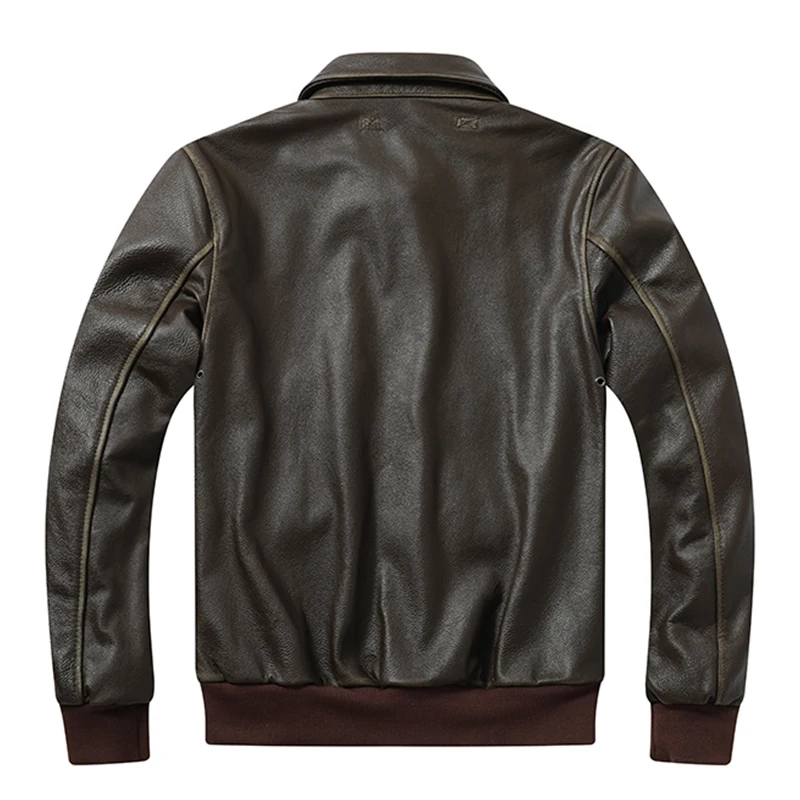 Vintage oliwkowa męska skórzana kurtka A2 kurtka bomber górna warstwa skóra cielęca kurtka w stylu wojskowym luźne klapy jesienna skórzana kurtka — zdjęcie 3