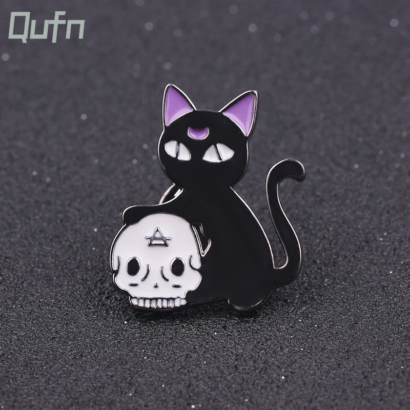 Black Cat Skeleton Head Brooch Gothic Punk Skull Cat Lapel Pin  Animal Brooches for Kids Halloween Gift Jewelry Accessories