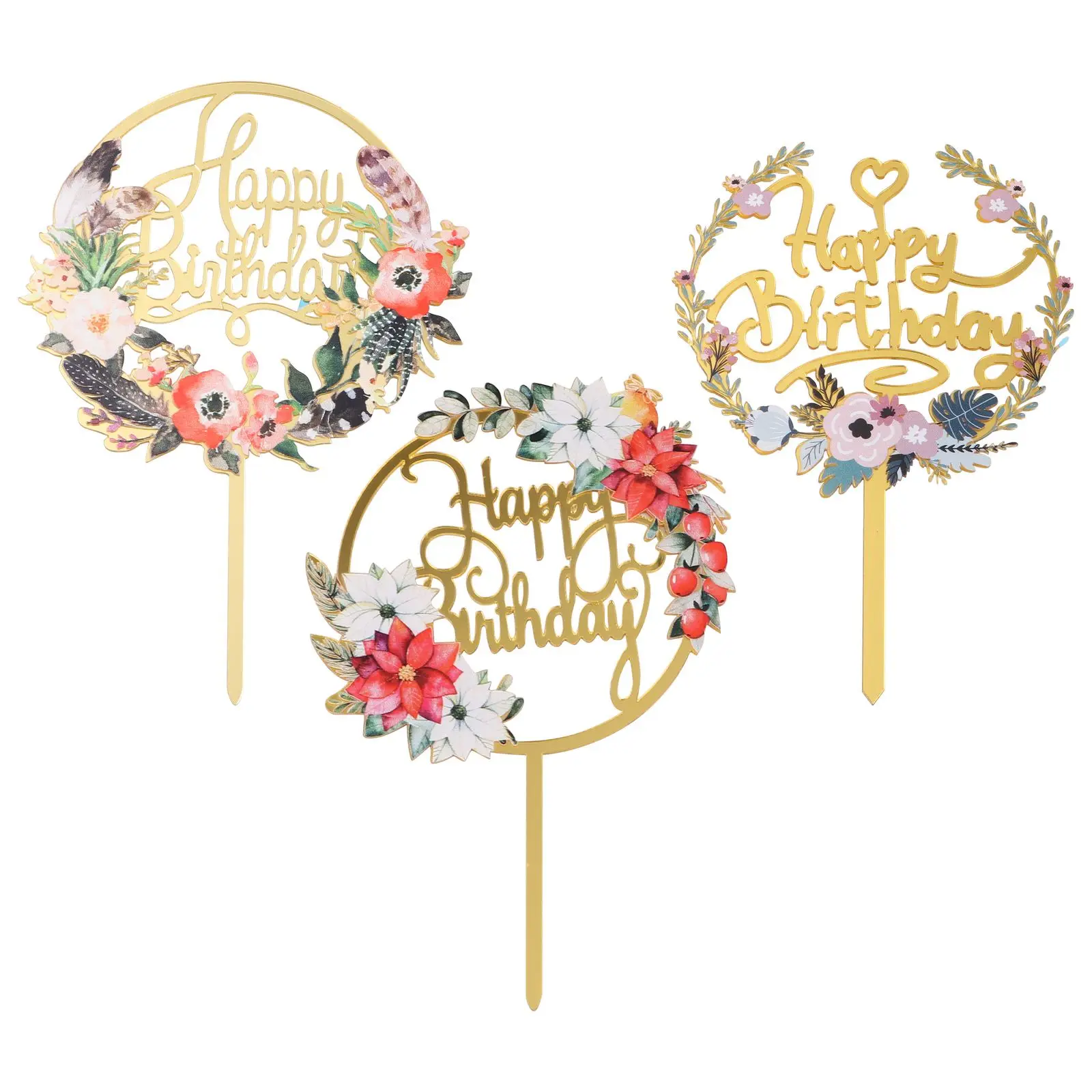 

3Pcs Acrylic Flowers Decor Birthday Cake Toppers Garland Design Environmental Safe Different Styles Great SetCake Decorations