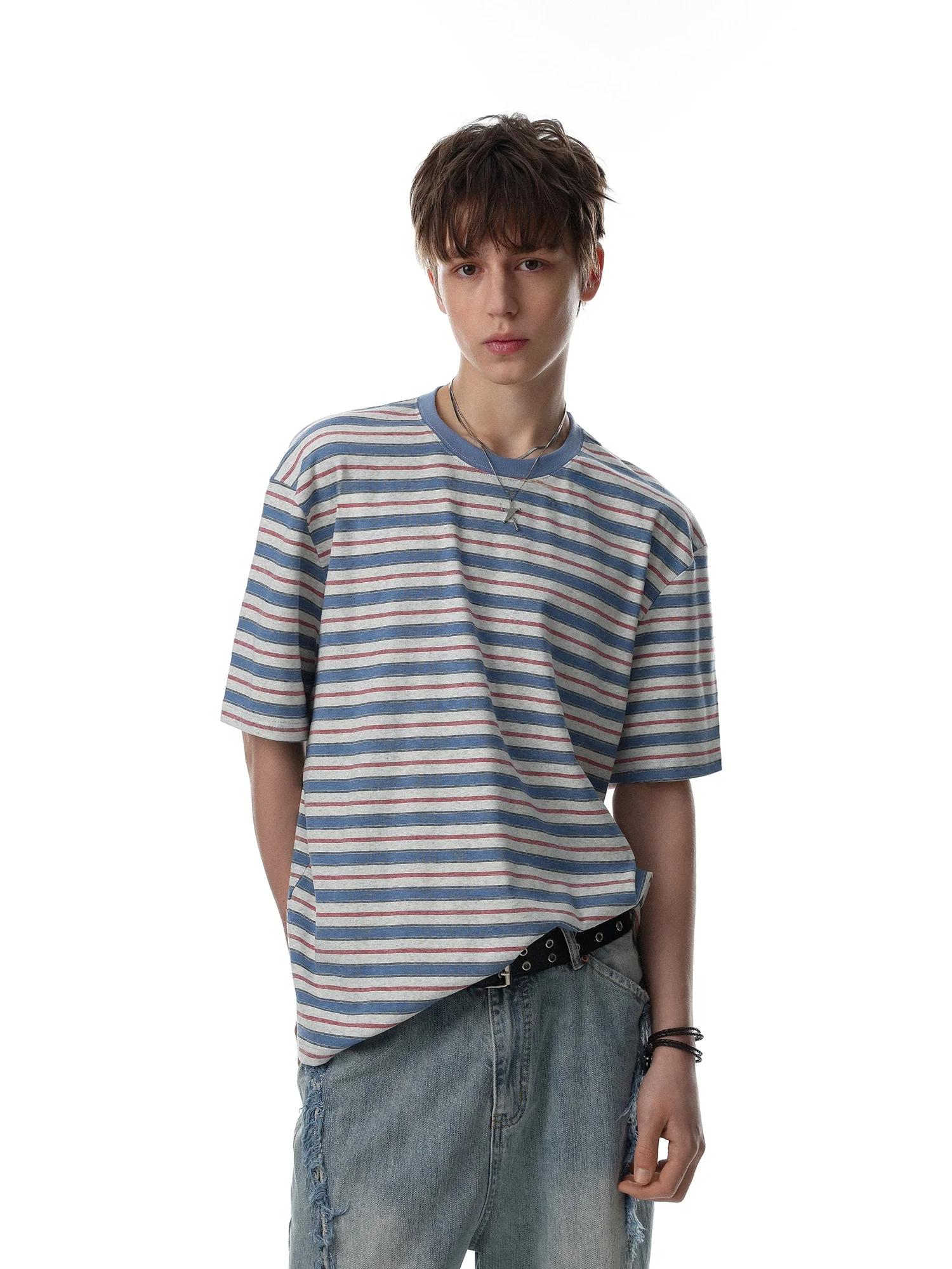 

American Retro Striped Color Block Short Sleeve T-Shirt Loose Fit Casual round Neck Men's Top Trendy Cotton Plain Shirt