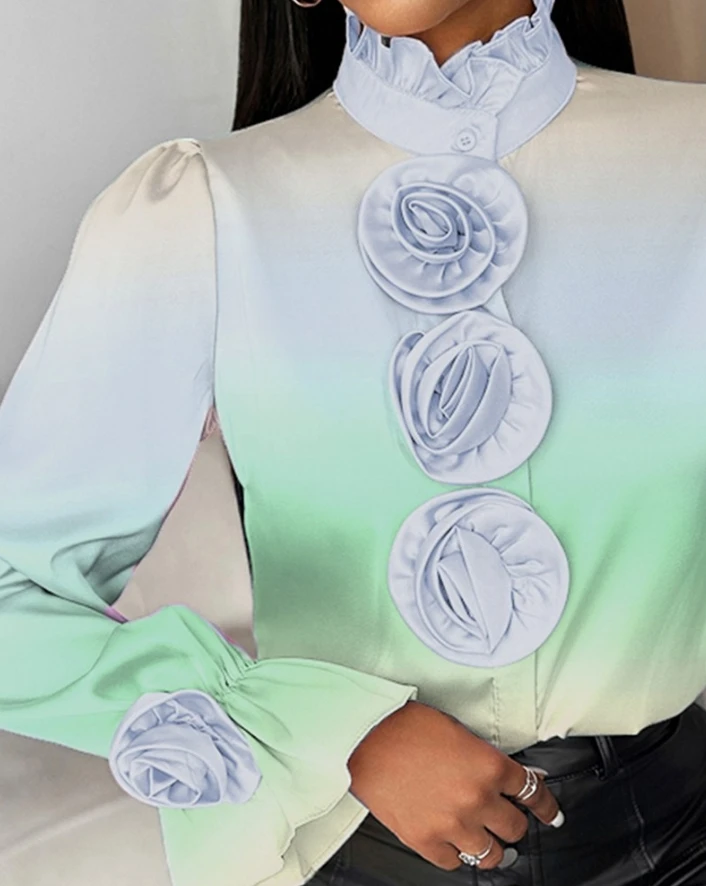 2024 Women's Spring/summer Half High Neck Flare Sleeves Rainbow Gradient Ombre Rose Detail Tassel Bottom Stand Up Neck Top