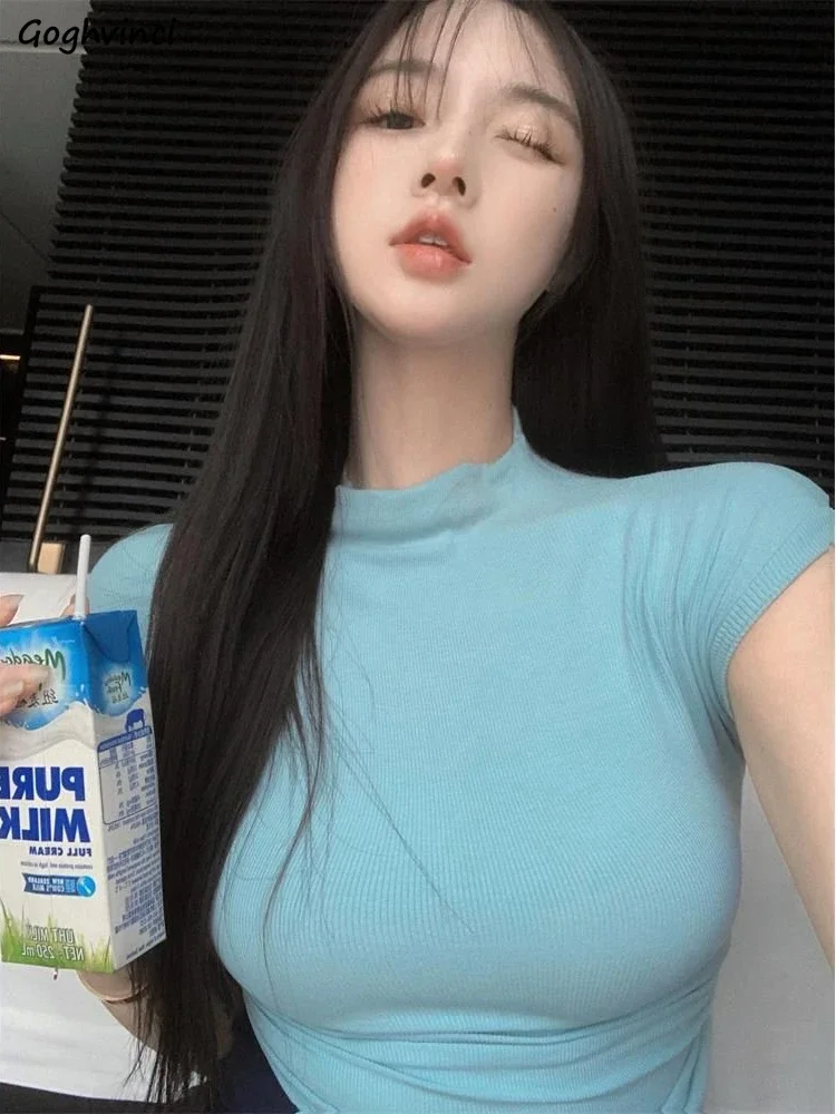 

T-shirts Women New Fashion Half High Collar Summer Hotsweet Female Slim All-match Elegant Solid Cozy Tops Tender Korean Style