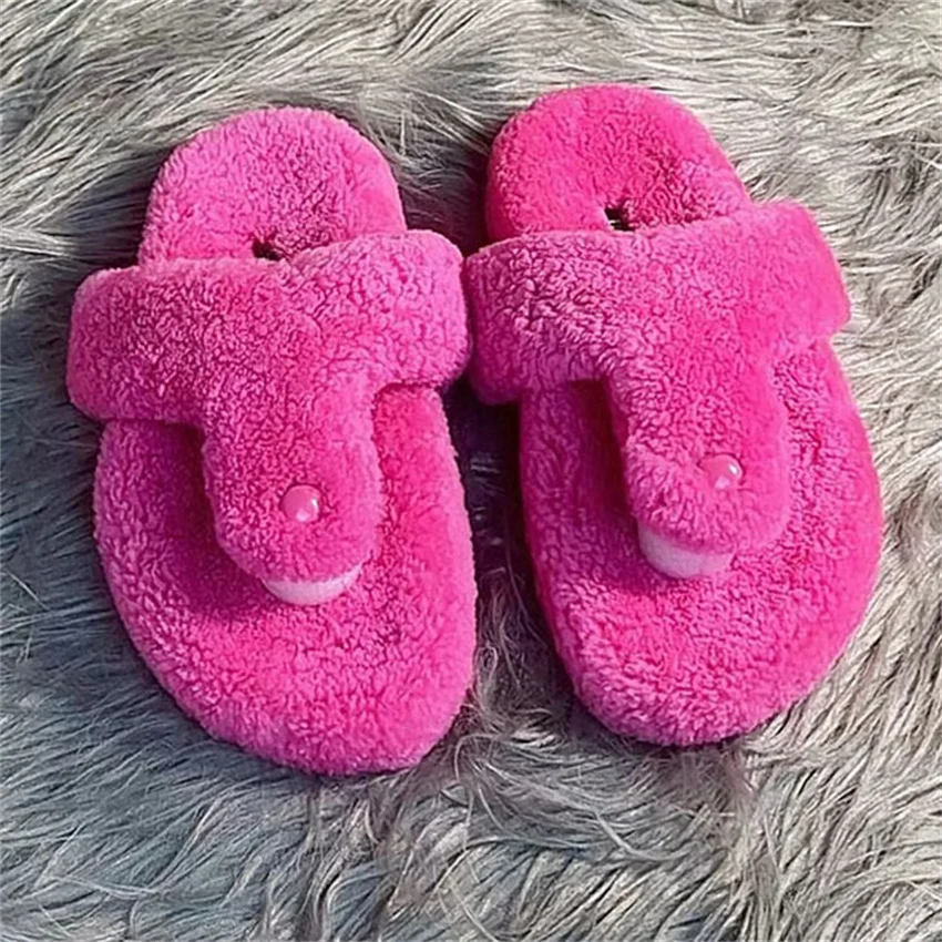 Sandal Flip flop berbulu untuk wanita, sandal rumah nyaman berbulu halus, sepatu wol bulu rumah dalam ruangan hangat nyaman