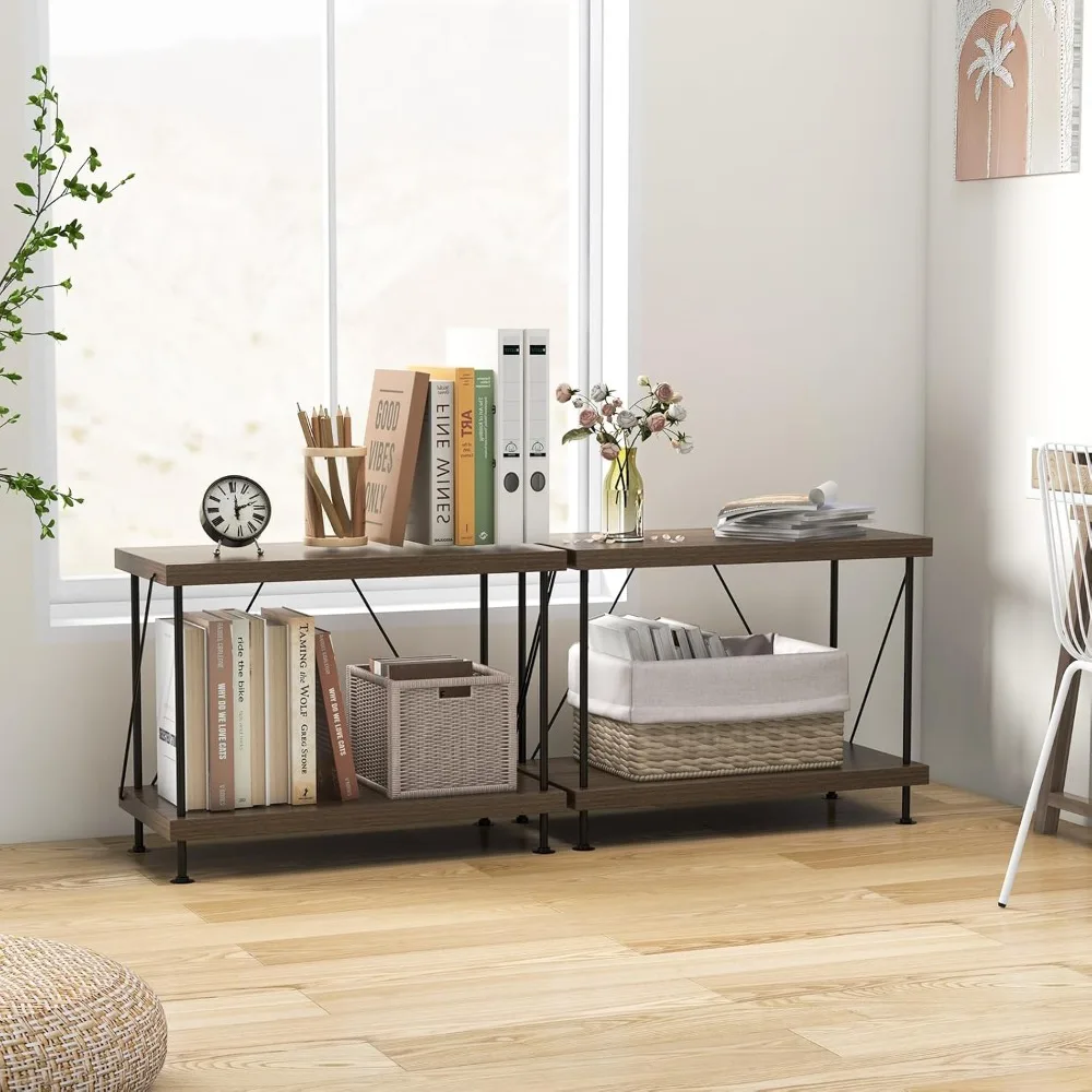 2-Tier Open-Back Bookshelf of 2, Freestanding Display Rack, Metal Frame Storage Shelves, Industrial Style Bookcase, Home