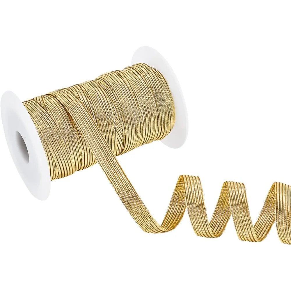 21.87 Yards 10mm Width Gold Elastic Band, Glitter Metallic Flat Elastic Strap Braided Elastic Band, Elastic Stretch Ribbon
