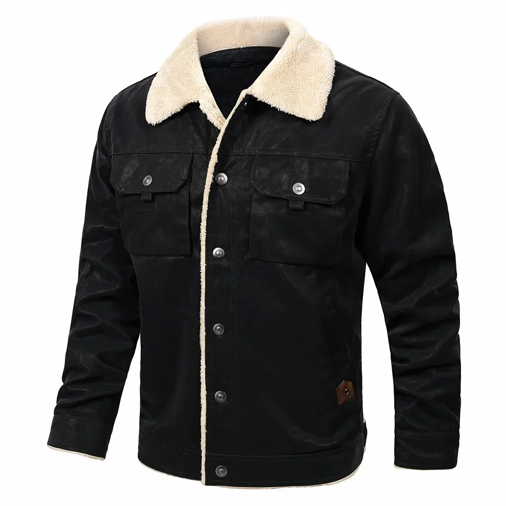 Man Plush Coat Winter Vintage Contrast Color Long Sleeve Male Outerwear Thicken Turn Down Collar Single-breasted Men Jacket