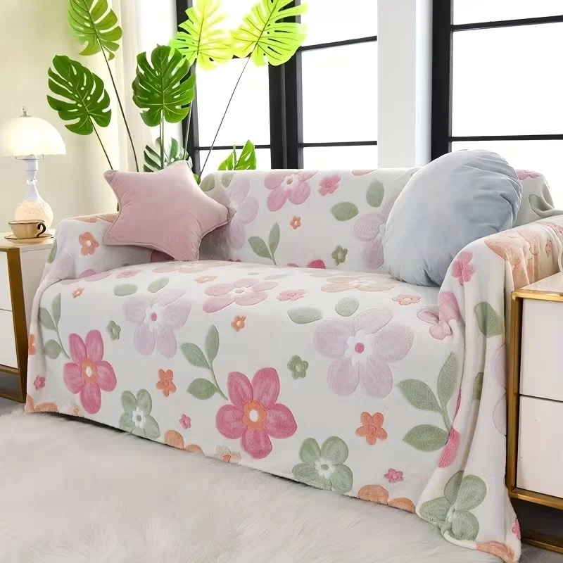 Cute Pastel Pink Floral Print Flannel Throw Blanket, Soft Cozy Lightweight Fleece Blanket for Bedroom Sofa Home Decor