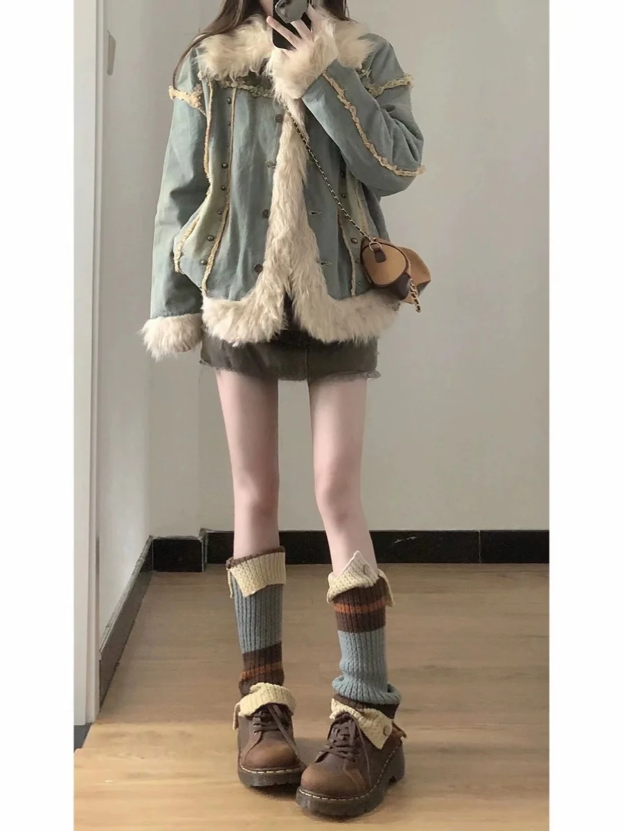

Lamb Fur Collar Thiened Cotton Jaet Women's Winter American Retro Sle Fce Lined Warm Cotton Coat Collar Button up