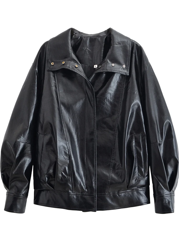 خريف 2025 معطف جايت نسائي أمريكي جديد بياقة عالية طيار أسود محايد Sle من الجلد فضفاض مناسب طويل Sve سحاب للإغلاق