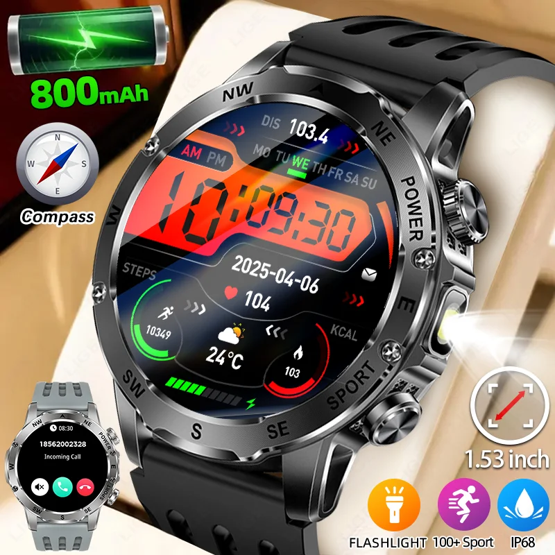 

LIGE New 800mAh Super Capacity Battery Men Smart Watch 1.53" HD Make Answer Call Compass Flashlight IP68 Sports Man Smartwatch