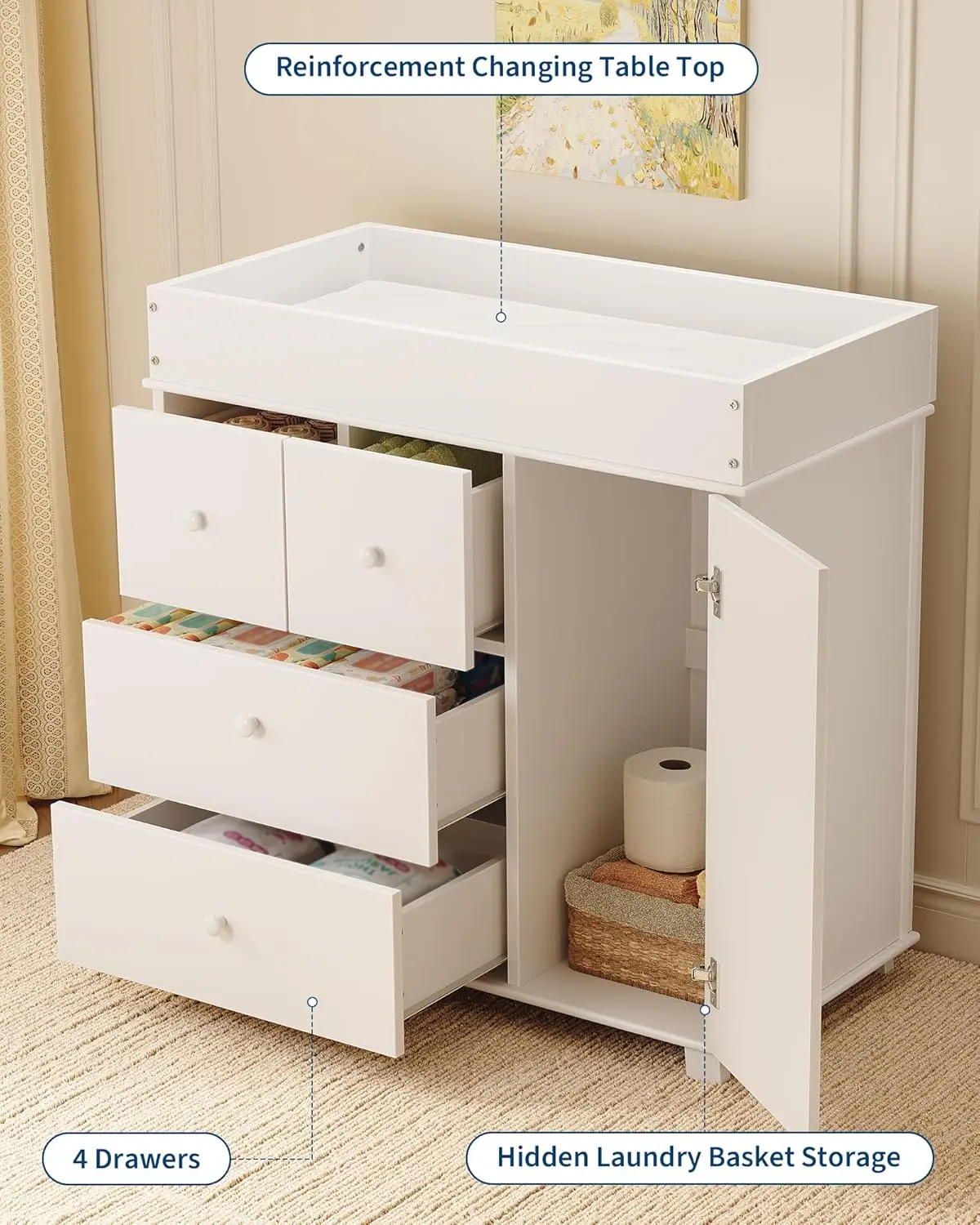 طاولة تغيير خزانة الأطفال مع 3 أدراج ومحطة تغيير الحفاضات الحديثة مع سرير تخزين الوسادة #3