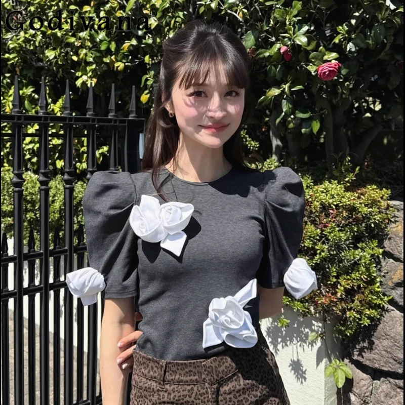 

Japanese Style Sweet Gray T-shirt Summer 2025 New Girls Woman's Three-dimensional Rose Crew Neck Top Daily Basic Fashion Clothes