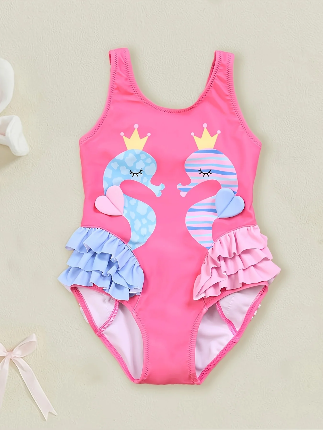 العصرية الفتيات فرس البحر ملابس السباحة الوردي 3D تاج تصميم تكدرت قطعة واحدة ثوب السباحة للشاطئ بركة عطلة طفل الزي