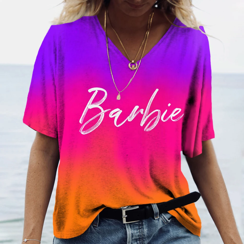 

Woman Short Sleeve V Neck T Shirt Loose Summer Women's Clothing T-Shirts Barbie Print T Shirt Oversize Pullover Woman Clothing