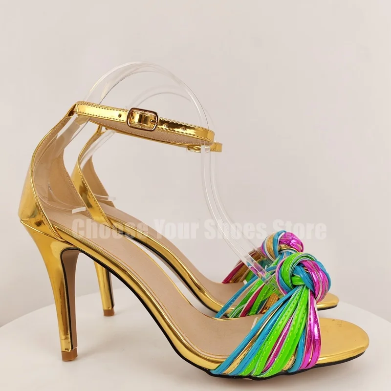 

Colorful Leather Knot Design Open Toe Sandals Buckle Strap Women Shoes Thin High Heels Party Banquet 2025 Zapatos Para Mujere