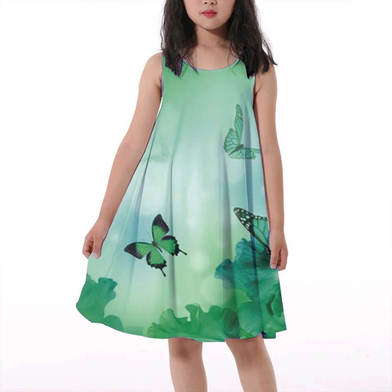 Children's Clothing Butterfly Round Neck Sleeveless Dress Off Shoulder Knee Length