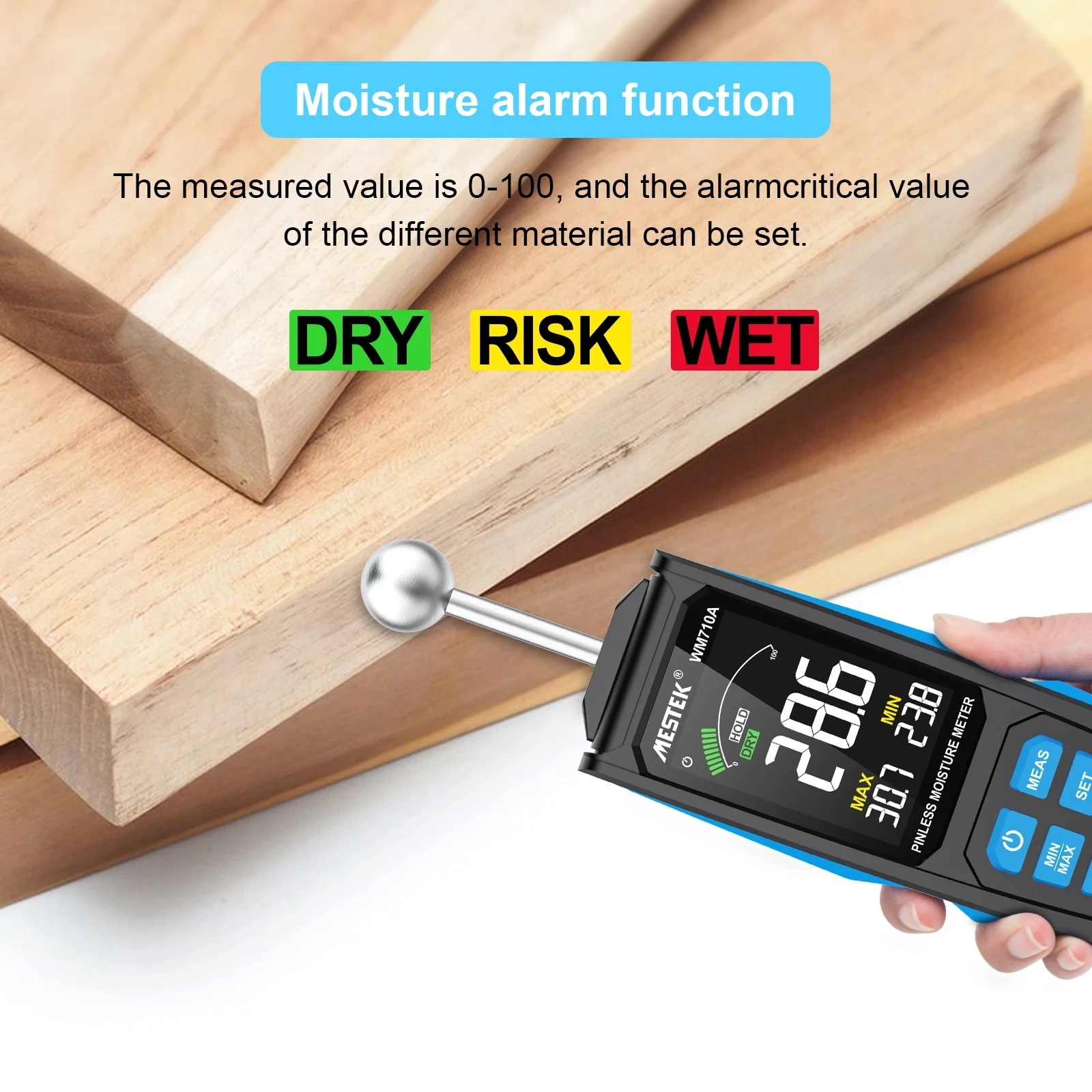 WM710A Digital Wood Moisture Meter Hygrometer Non-contact Timber Damp Detector Alarm Non-destructive Measurement Humidity Tester