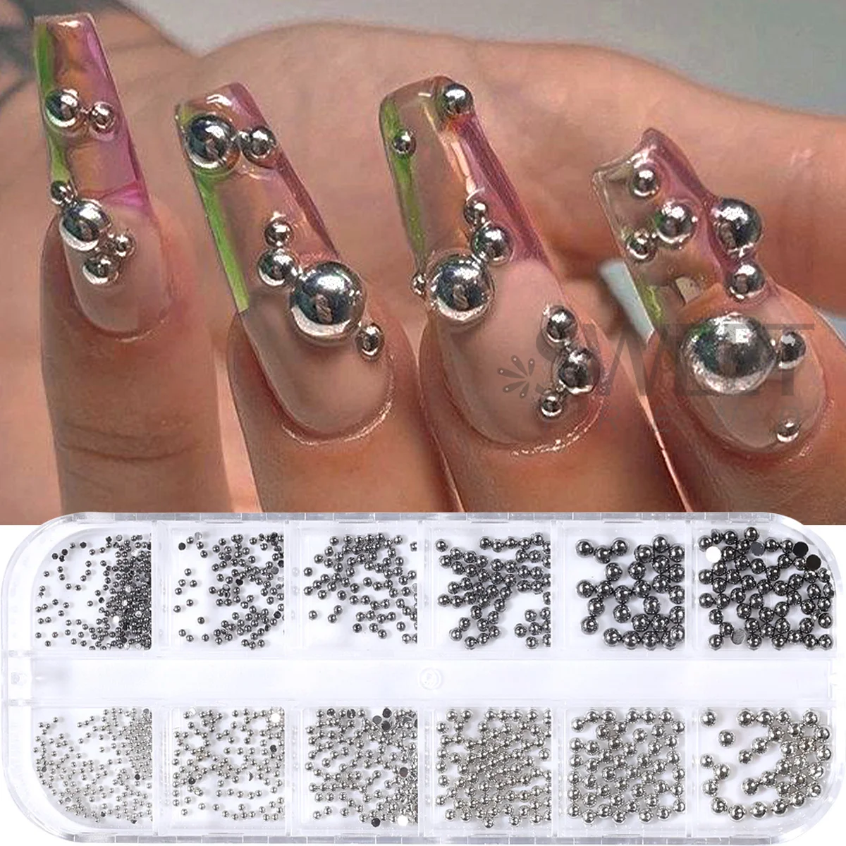 12 Grids Metallic Silver Round Bead Nail Art Parts Gun Gray Flatback Ball Studs Jewelry Punk Y2K Halloween Series Manicure Decor