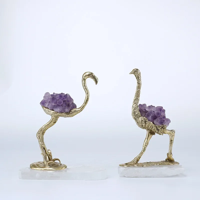 Brass Animal Ornament Ostrich Bird Crystal Crane Simulation Sculpture Decorative Figurines Metal Figurine Home Decor