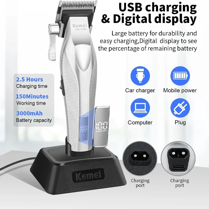 Kemei KM-1798 Hair Clippers Professional Hair Cutting Machine Electric Clippers 9000 RPM Trimmers Adjustable Hair Clippers Men