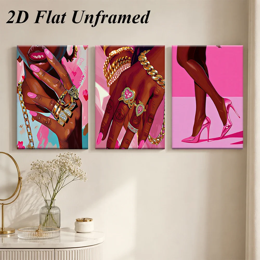 3PCS Large-sized frameless canvas paintings,1 set of modern art triptych frameless decorative paintings, fashionable African wom