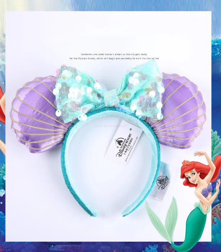 Disney Mickey Ears Ariel Princess Disneyland Beauty Fashion Bowknot Headband Festival Party Decoration Headwear Girl Toy Gift