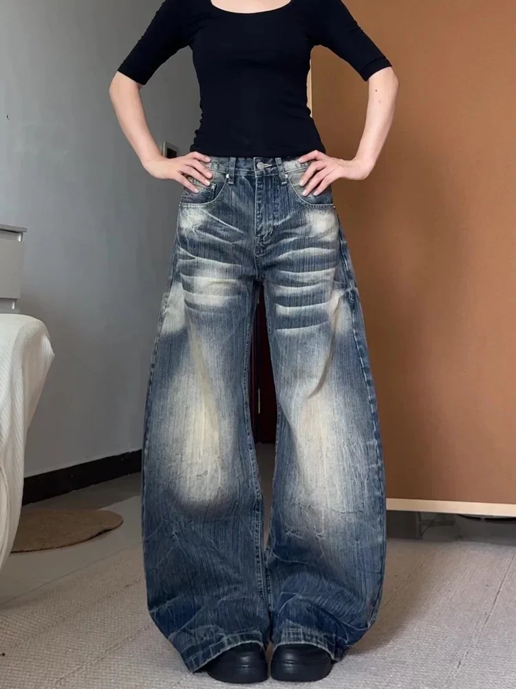 Retro American Washed Bamboo Blade Wide Leg Pants Women's Autumn 2026 New Pear Shape Body Draping Floor-Length Jeans