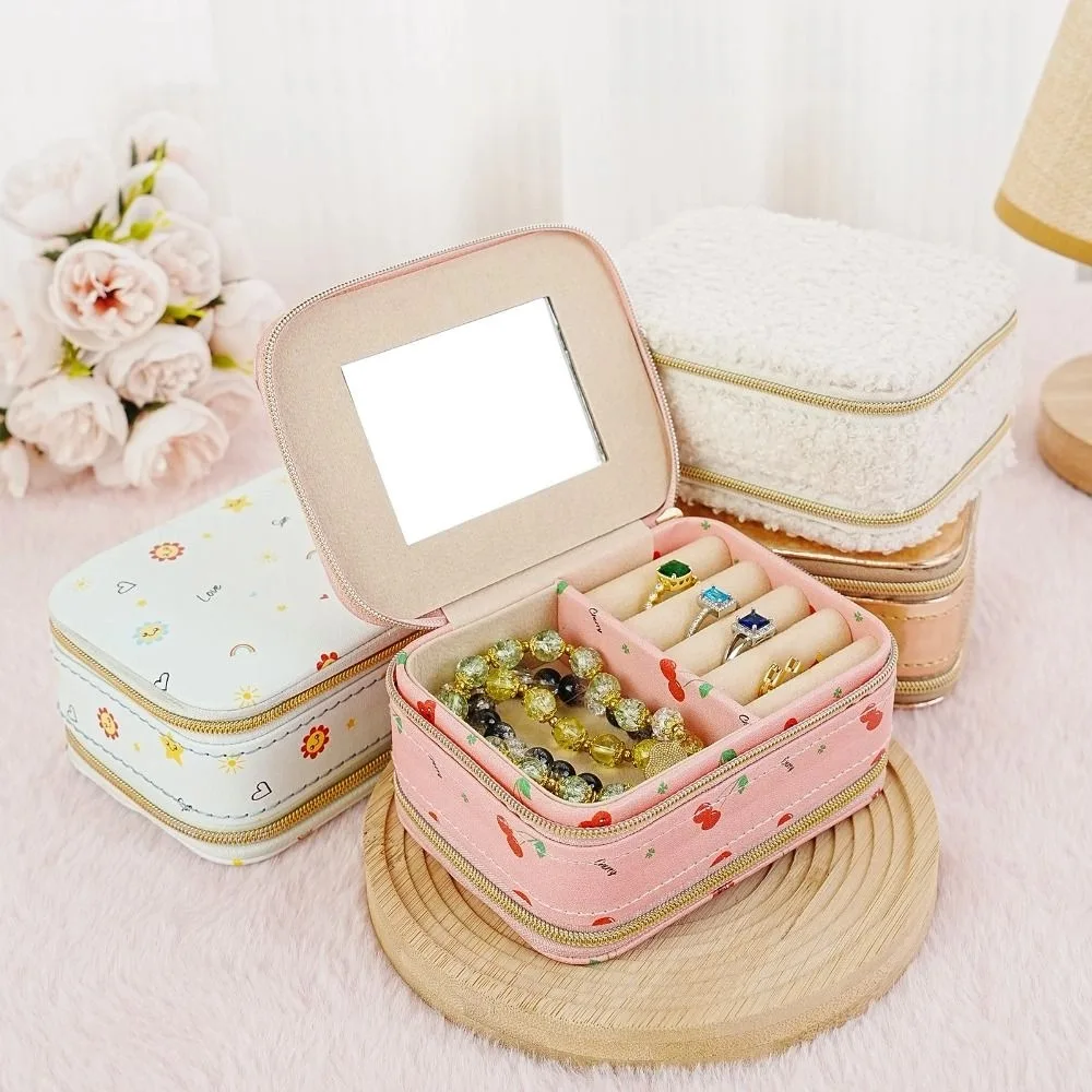

Cherry Flower Jewelry Packing Bag Rings Necklace PU Leather Jewelry Display Box Large Capacity Organizer Earrings Storage Case