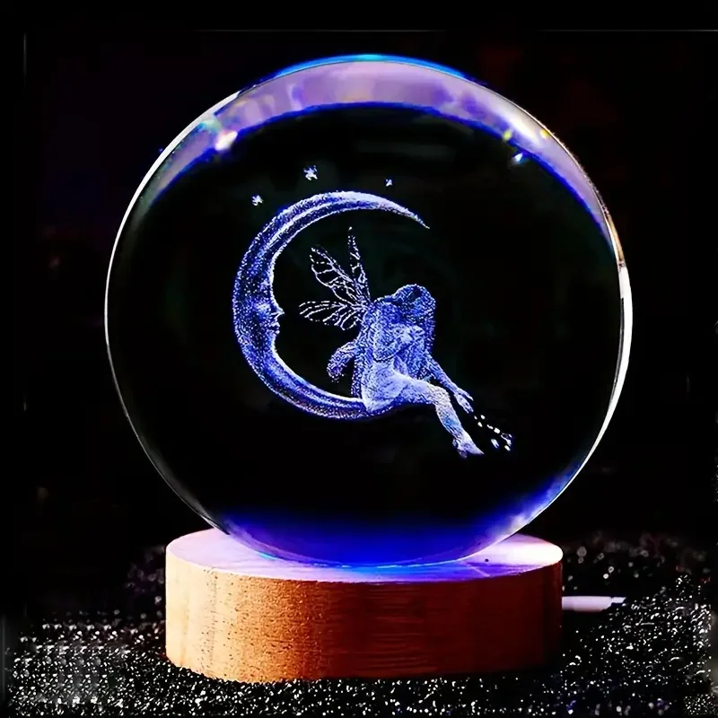 1 pc crystal ball colorful night light, 3D moon and fairy laser carved night light, creative birthday gift for girlfriend\'s wife