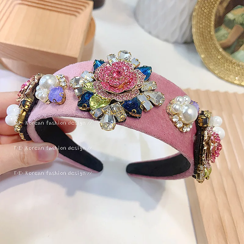 Baroque Romantic Pink Diamond Flower Sparkling Headband Crown Head Wrap Fashion Show Clothing Head Band Bridals Headwear Jewelry