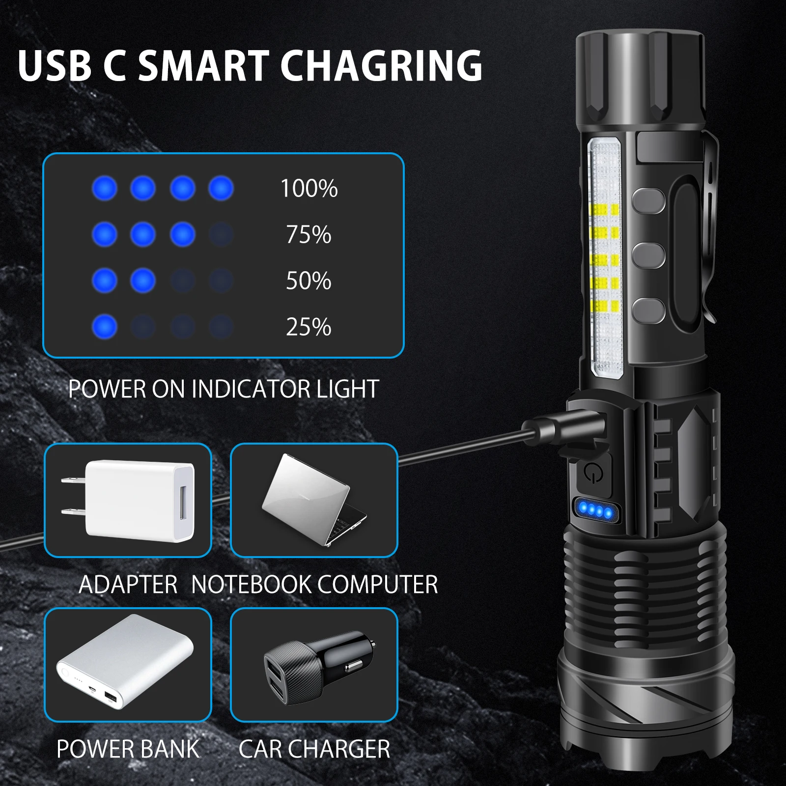 Imagem -06 - Boruit 30w Poderosa Lanterna Led 2000lm 1200m Usb Recarregável Portátil Telescópica Zoom Tocha com Luz Lateral Bateria Embutida