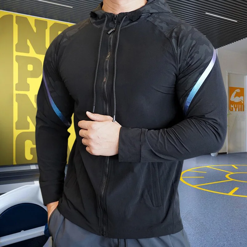 Men Running Sport Hoodies Gym Fitness Long Sleeve Sweatshirt Compression Training Bodybuilding Coat Outdoor Hooded Jacket Tops