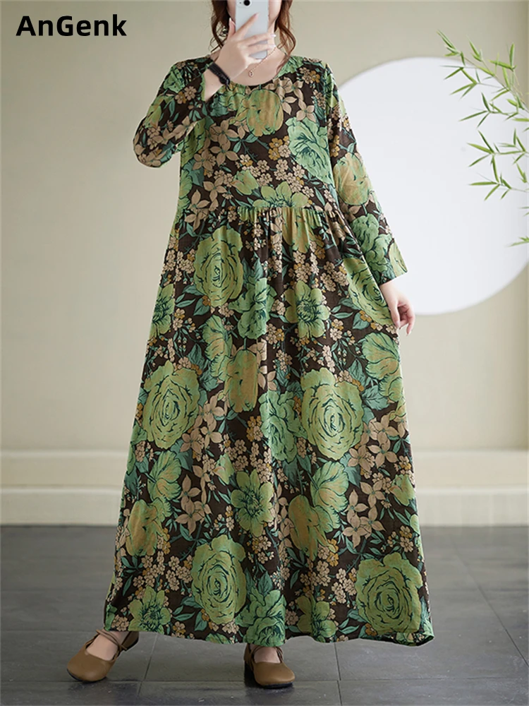 Женское винтажное платье с цветочным принтом, длинное хлопковое платье свободного покроя, повседневная одежда для офиса, весна-осень 2024 Женское винтажное платье с цветочным принтом, длинное хлопковое платье свободного покроя, повседневная одежда для офиса, весна-осень 2024