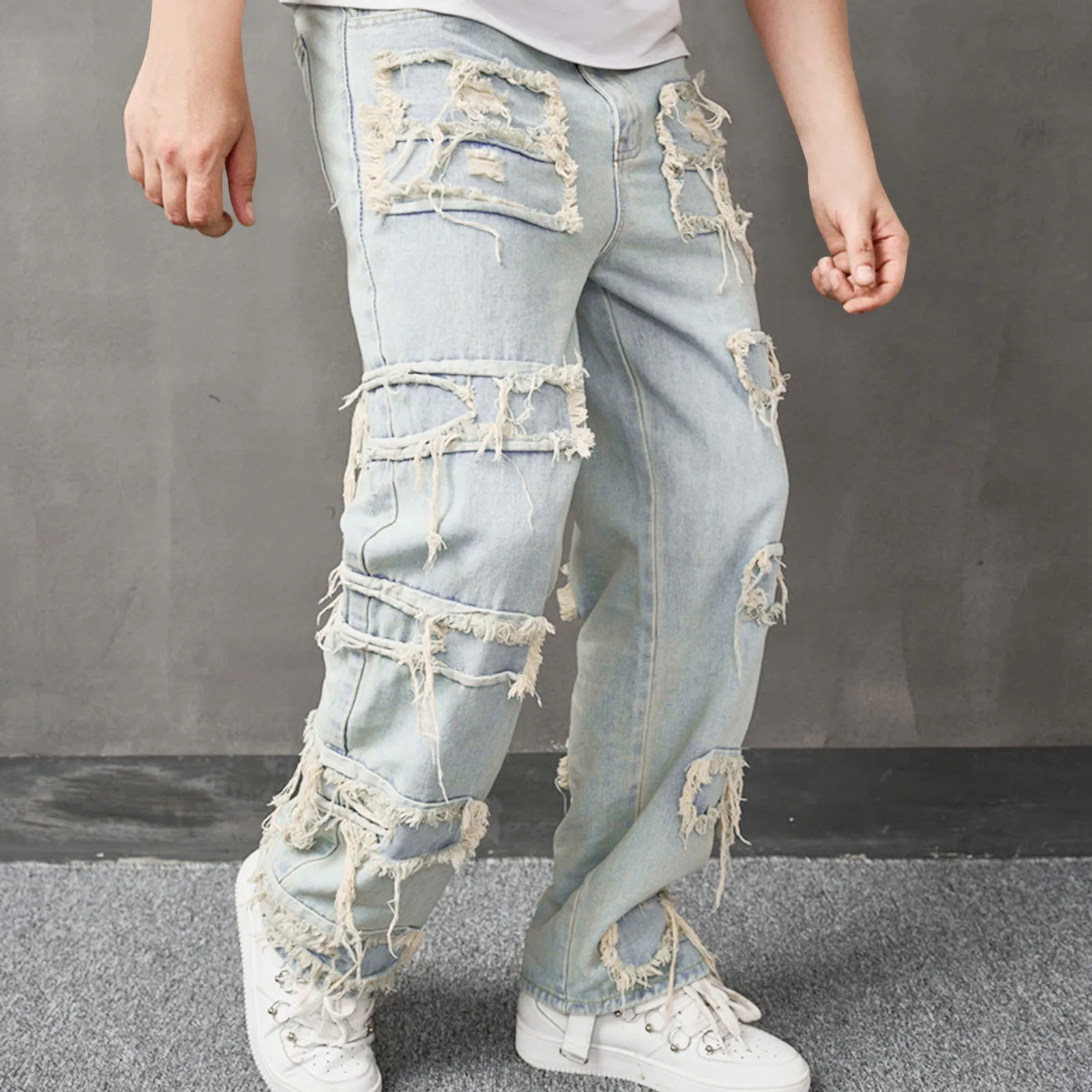 

Streetwear Retro Y2K Style Men Ripped Spliced Slim Jeans Trousers Hip hop Holes Stylish Denim Pants For Male Baggy Jeans