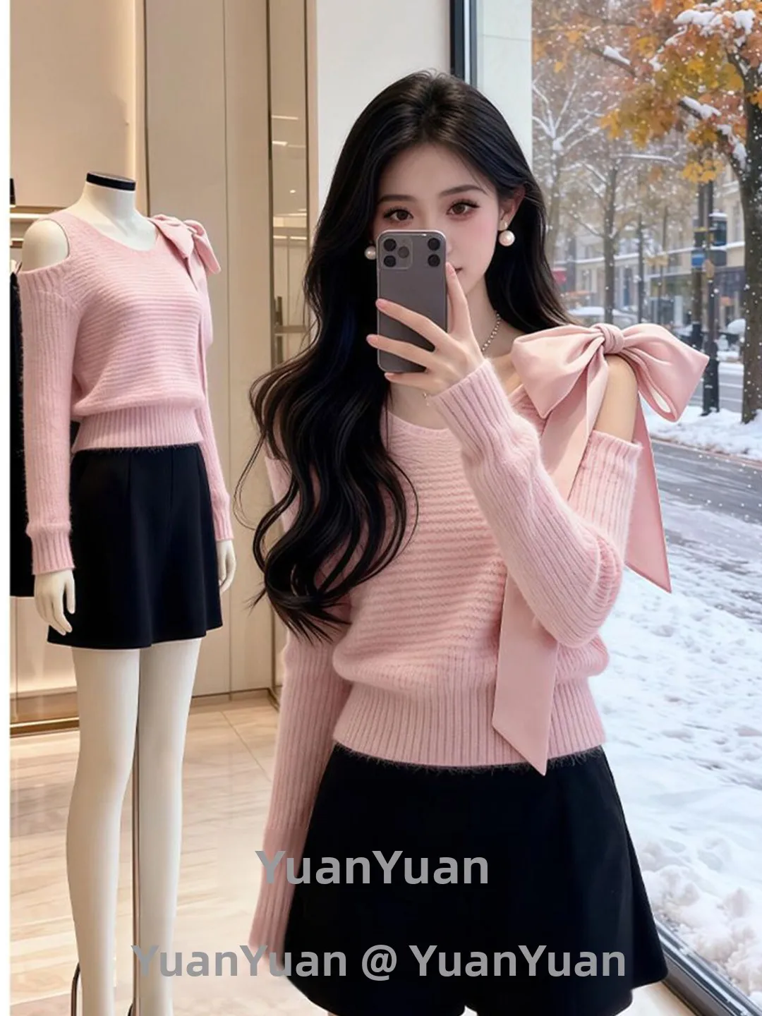 Early Autumn Korean Style Pink Knitted Sweater Short Cute Unique Beautiful Light Maturity Top Fashionable  Knot Design