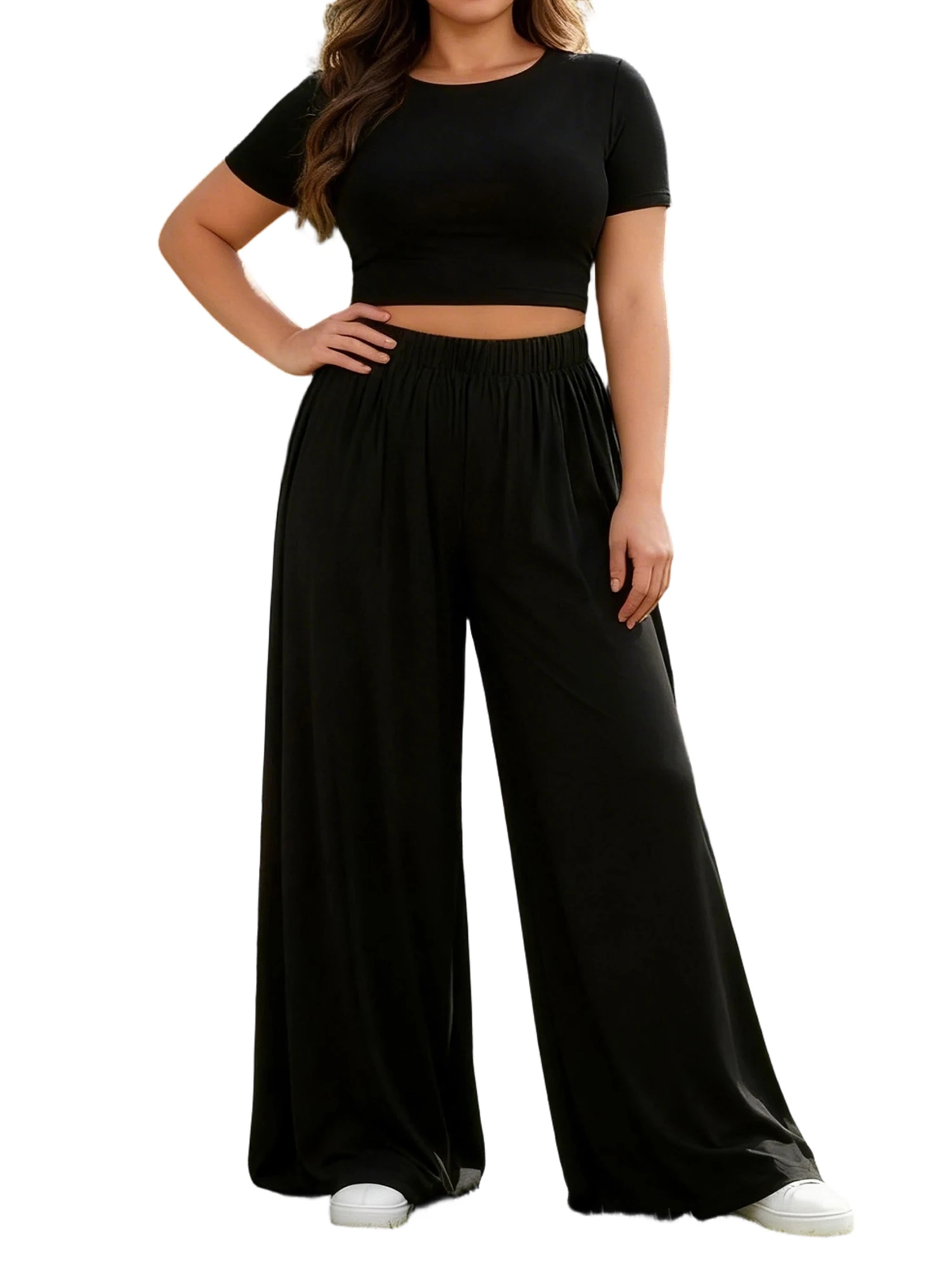 

Women Pants Set Short Sleeve Crew Neck T-shirt with Wide Leg Pants Summer Outfit