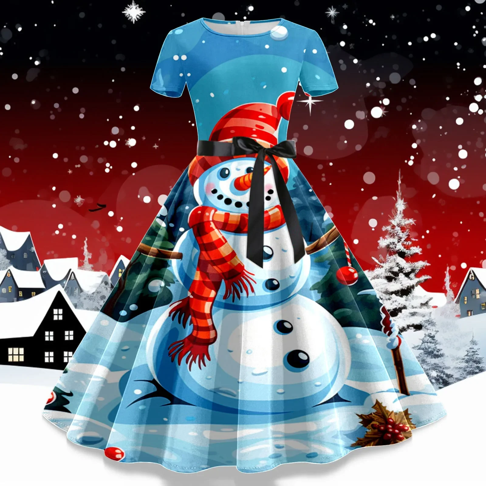 Dames Mode Kerstprint Jurk Dames Winter Casual Slanke Jurken Met Korte Mouwen Vrouwelijke Kant Splitsen Hepburn Prom Dress