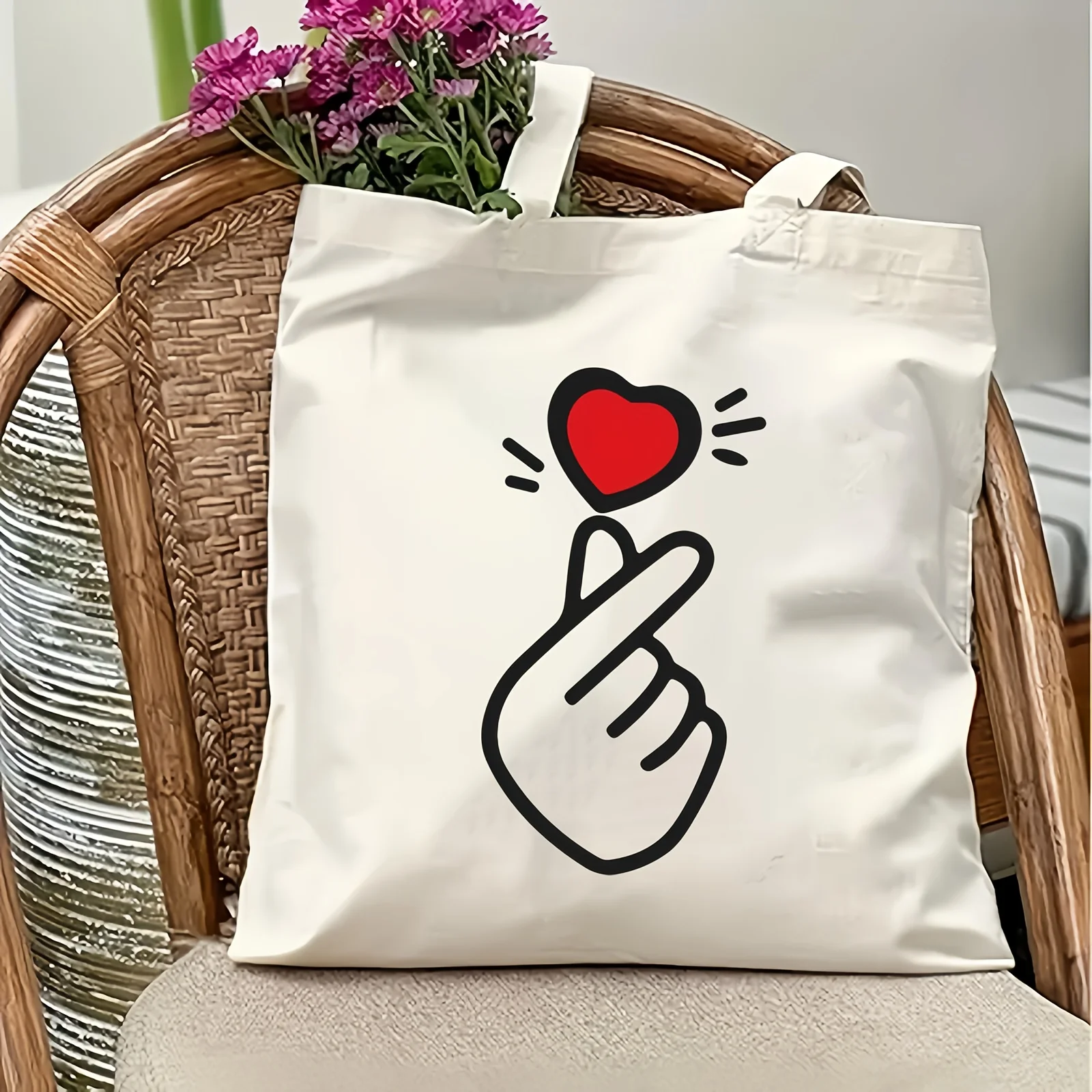 1pc Korean Finger Heart Red Love Canvas Shopping Bag,reusable tote for daily use,grocery,work,school, sweet romantic gift.