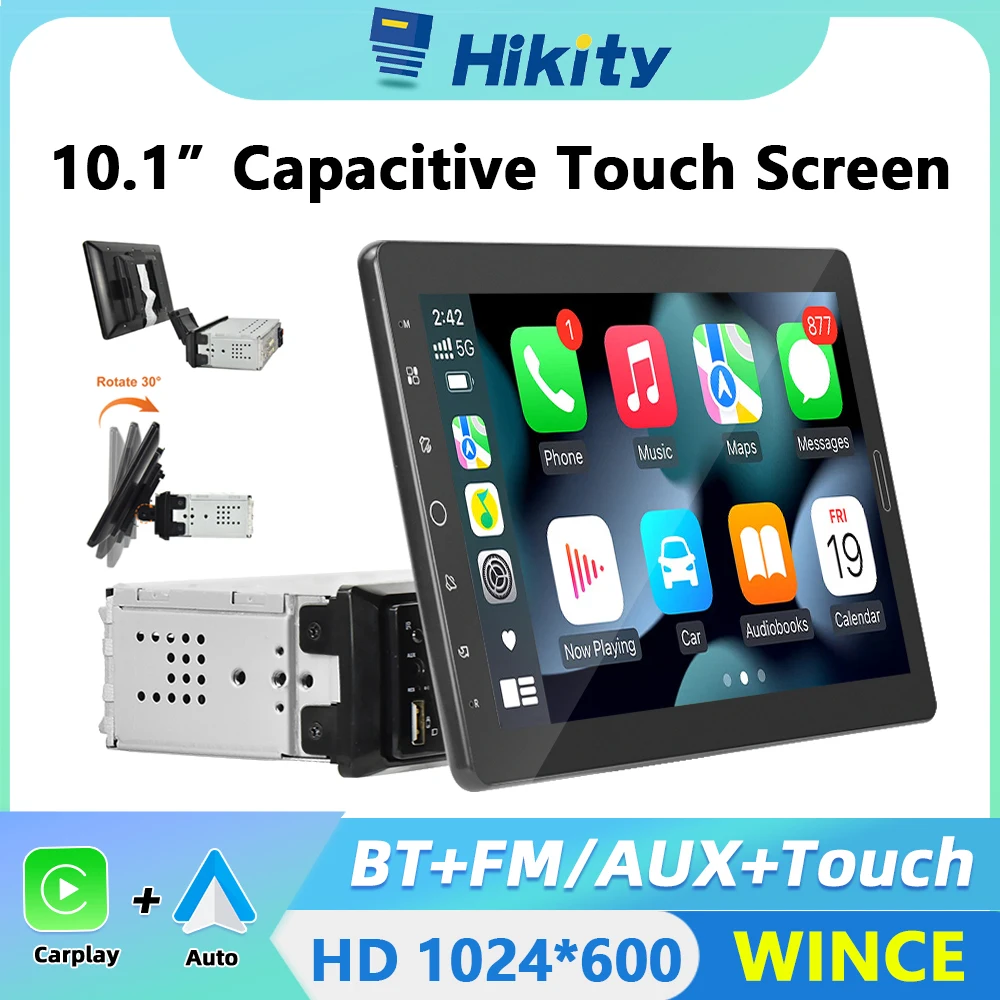Hikity 1 Din Auto Stereo Radio Carplay 10.1 ''HD Touchscreen Auto Multimedia Player Spiegel Link FM