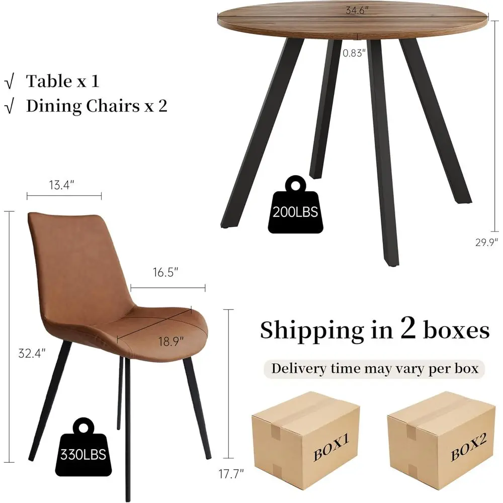 Ensemble de salle à manger moderne du milieu du siècle en noyer pour 2 personnes avec table ronde et chaises marron, idéal pour la cuisine d'appartement