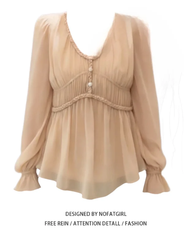 

plus Size Women's Shirt Pure Desire Style V-Neck Waist-Cinching Top Korean Style Commute Wind Long Sleeve Breathable Polyester